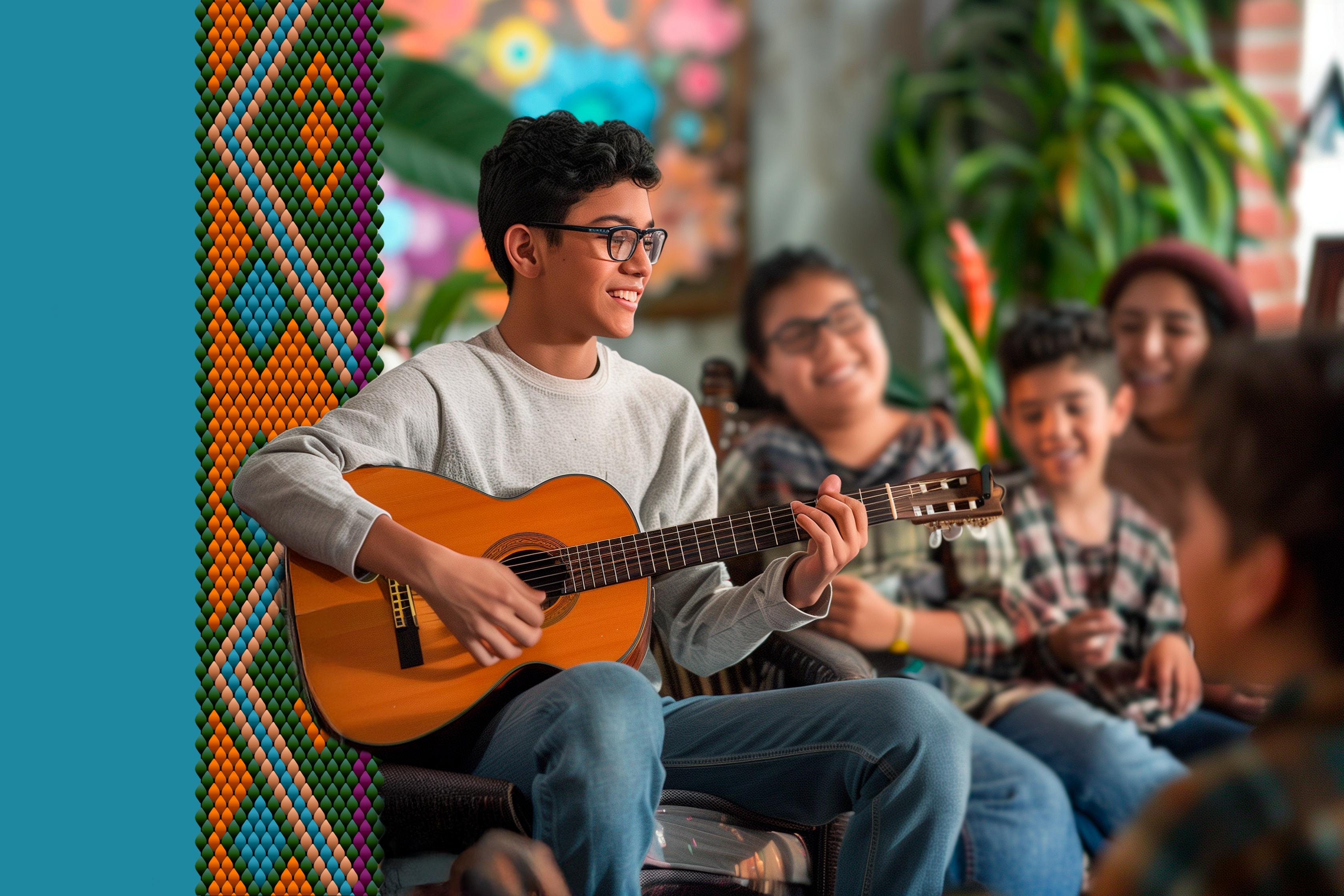 Young person playing guitar in a community space with colorful geometric wall art and people gathered in the background